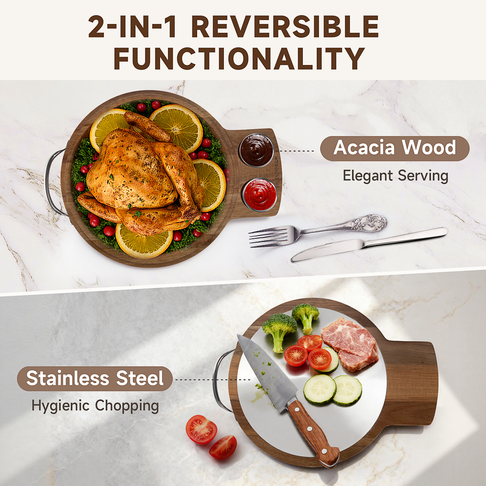 Reversible stainless steel and acacia sides